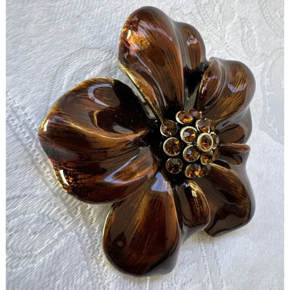 Cara New York Brooch Steampunk Bronze Flower Rhinestone Center NEW